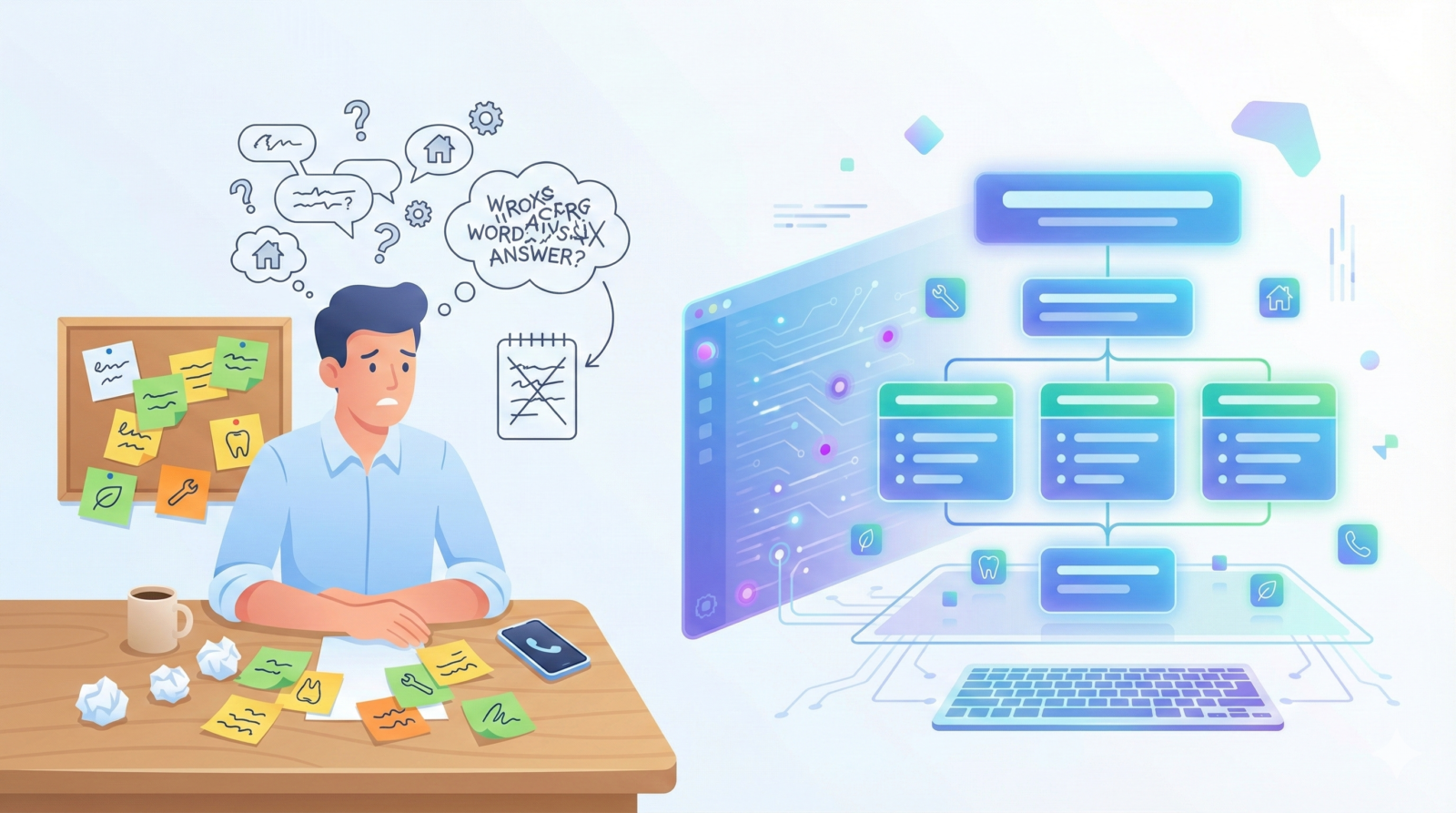 Illustration of AI organizing messy local service blog ideas into a structured outline